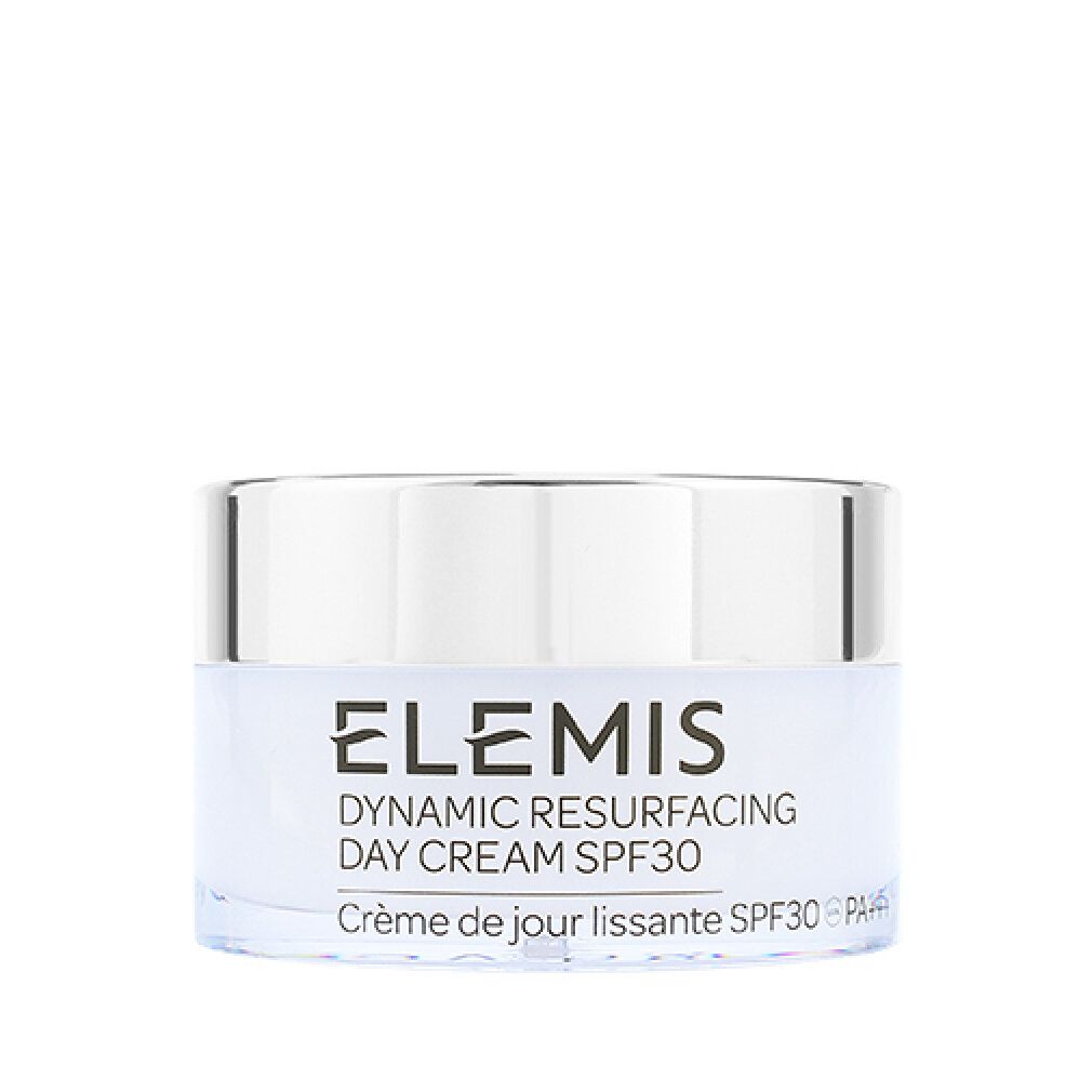Cremebehälter mit Deckel. Aufschrift: Elemis Dynamic Resurfacing Day Cream SPF 30. Französische Aufschrift: Crème de jour lissante SPF30.
