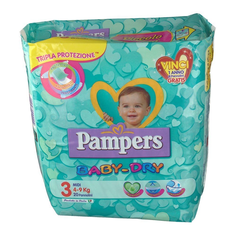 Confezione di pannolini Pampers Baby-Dry Midi, vista frontale. Nome del prodotto, illustrazione del bambino e indicazioni taglia. Confezione da 20 pannolini.