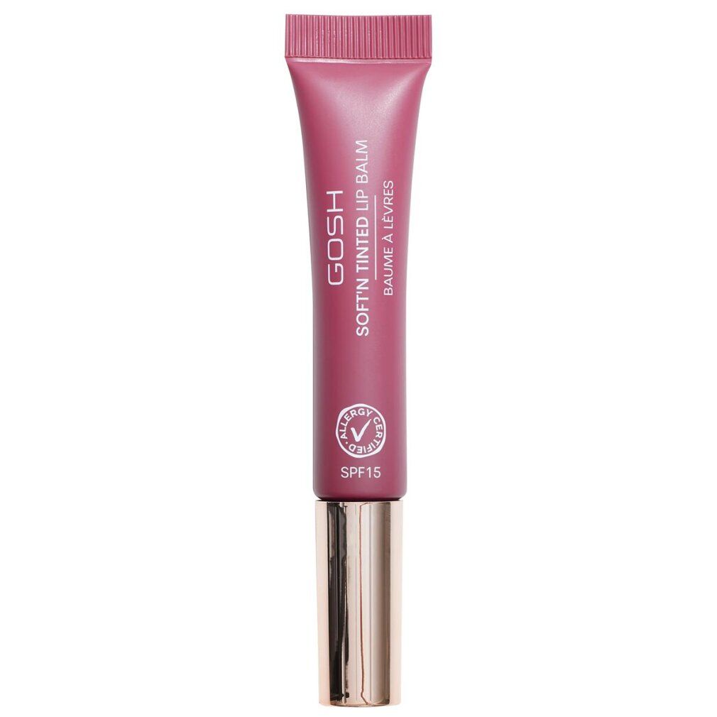Lippenbalsam-Tube, rosa. Aufschrift: GOSH Soft'n Tinted Lip Balm, SPF15. Siegel: Allergy Certified.