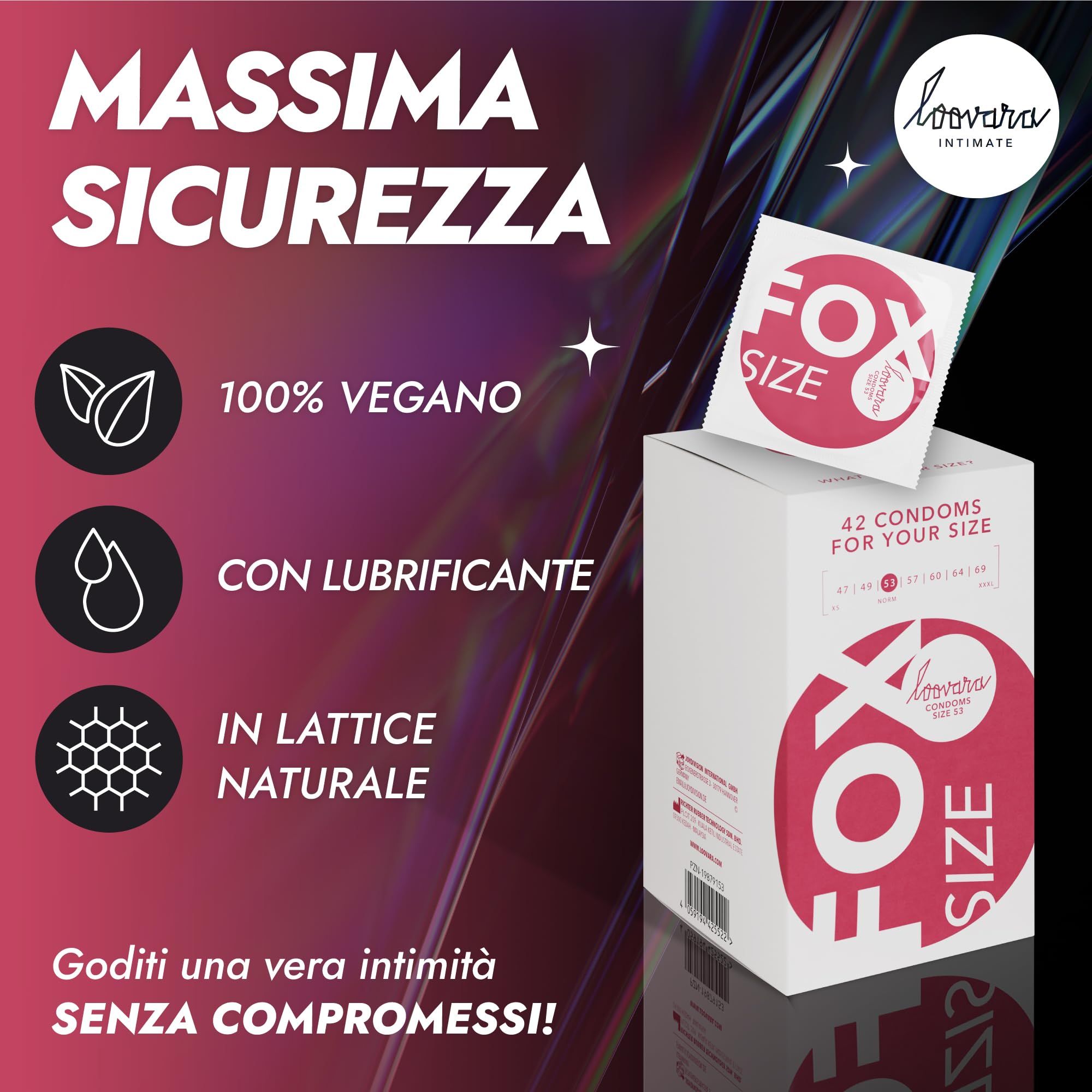 Loovara Kondompackung mit 42 Stück, Größe 53. Merkmale: 100% vegan, mit Schmiermittel, Naturkautschuk.