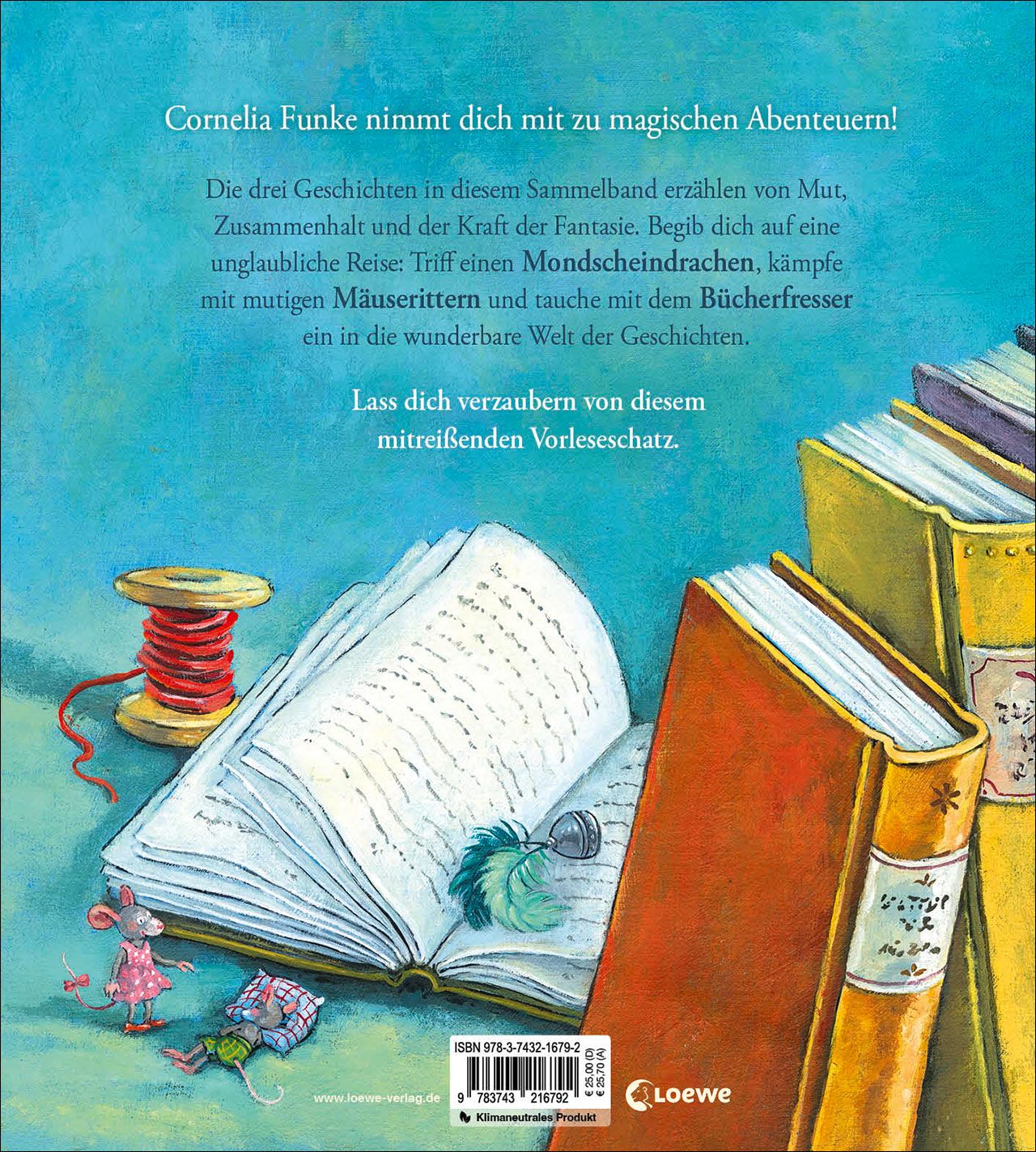 Rückseite des Buches "Mein Cornelia Funke Vorleseschatz". Text und Illustrationen mit Büchern und einer Spule.
