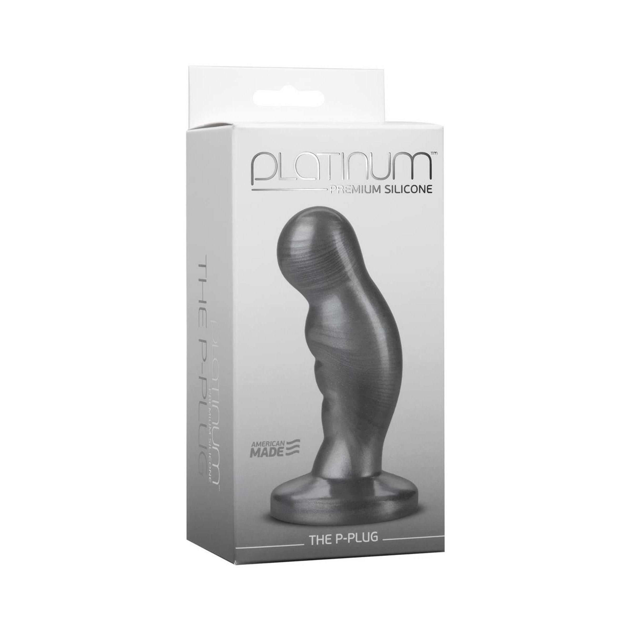 Grauer, geriffelter Massagestab aus Silikon in Verpackung. Aufschrift: Platinum, The P-Plug, American Made.
