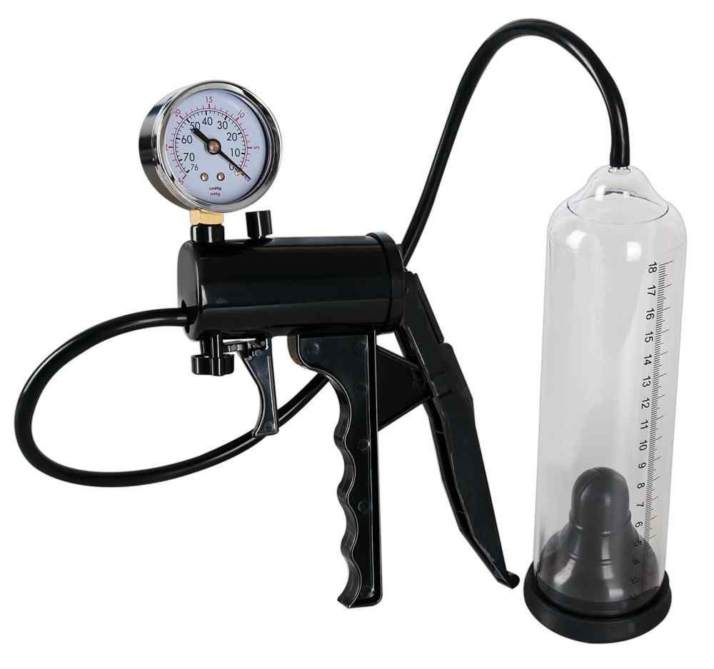 Penispumpe mit Manometer und Skala auf dem Zylinder, von der Seite gezeigt.