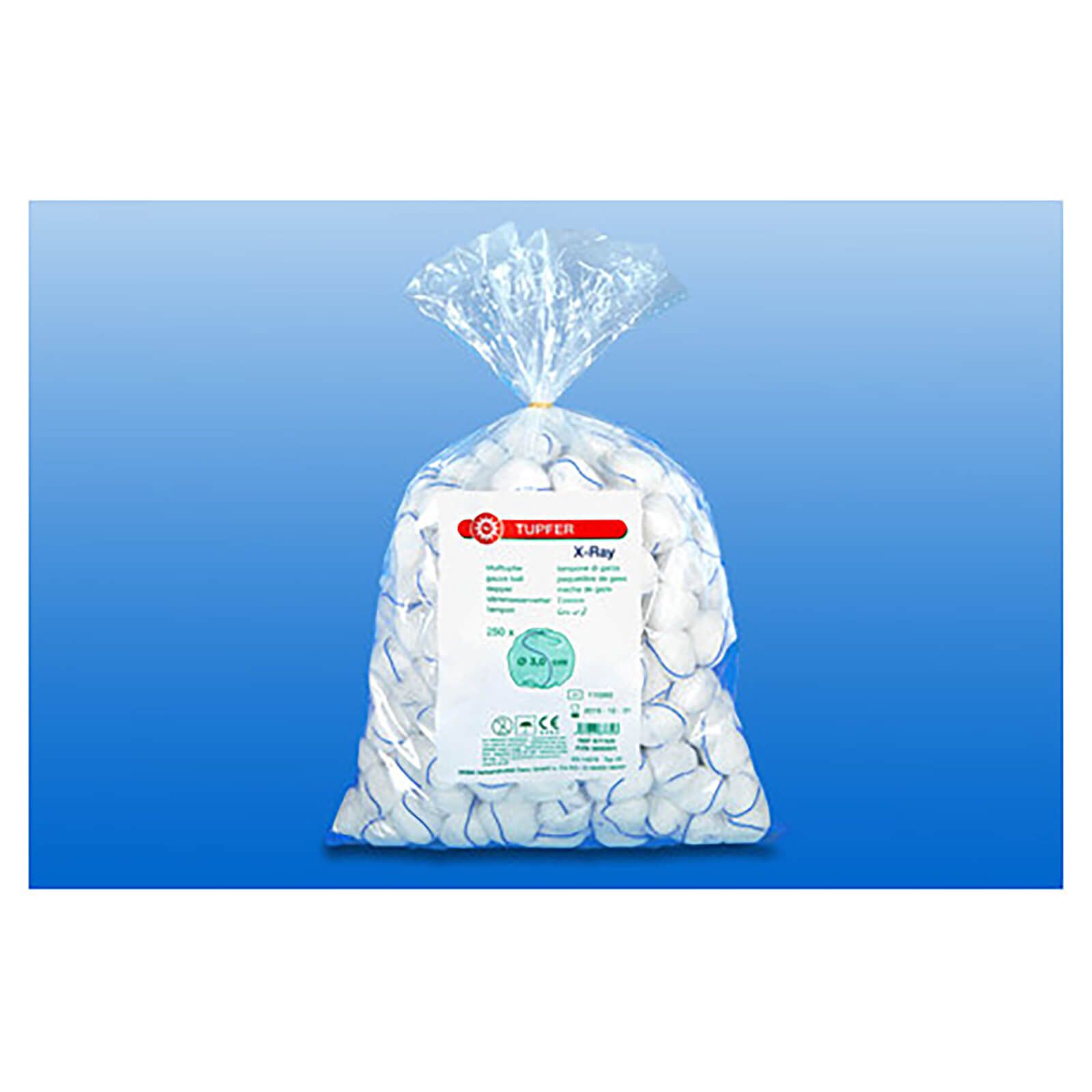 Beutel mit Mulltupfern. Etikett mit Produktinformationen, darunter "X-Ray". Verpackung mit 250 Stück.