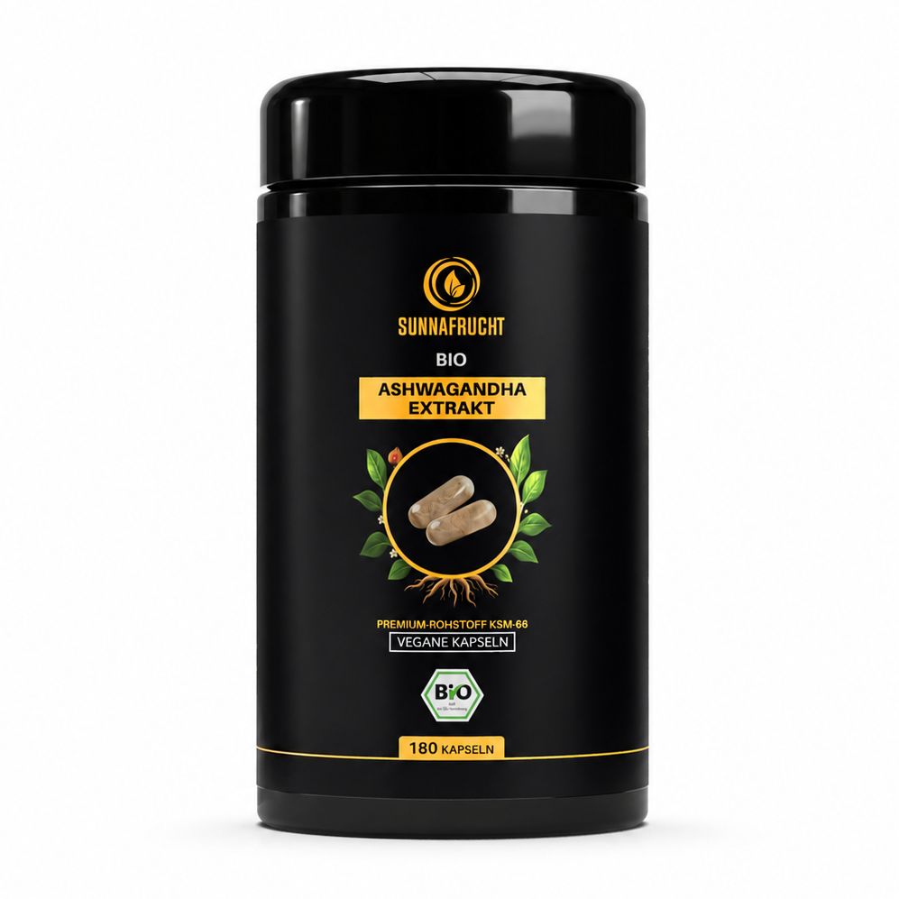 Schwarzer Behälter mit SUNNAFRUCHT BIO Ashwagandha Extrakt Kapseln, 180 Stück.