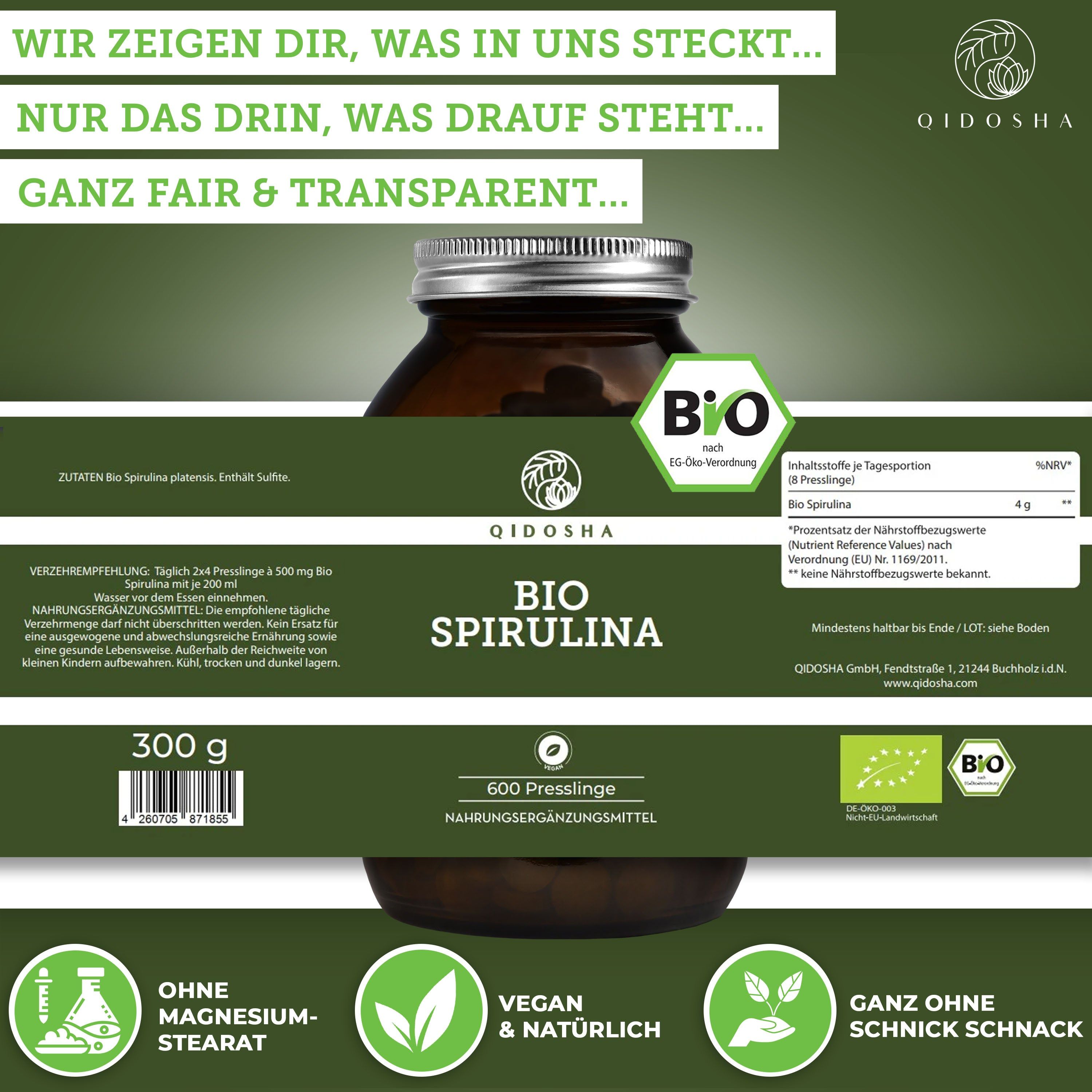 Qidosha Bio Spirulina: Braunglasflasche mit 600 Presslingen, Bio-Siegel und Nährwertangaben.
