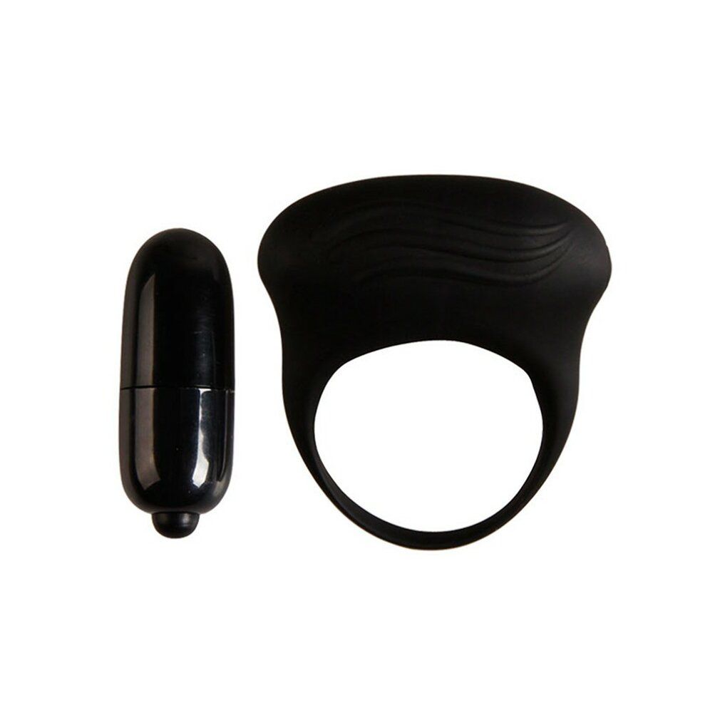 Schwarzer Penisring mit Klitorisstimulation und Vibrator. Beide Produkte nebeneinander.