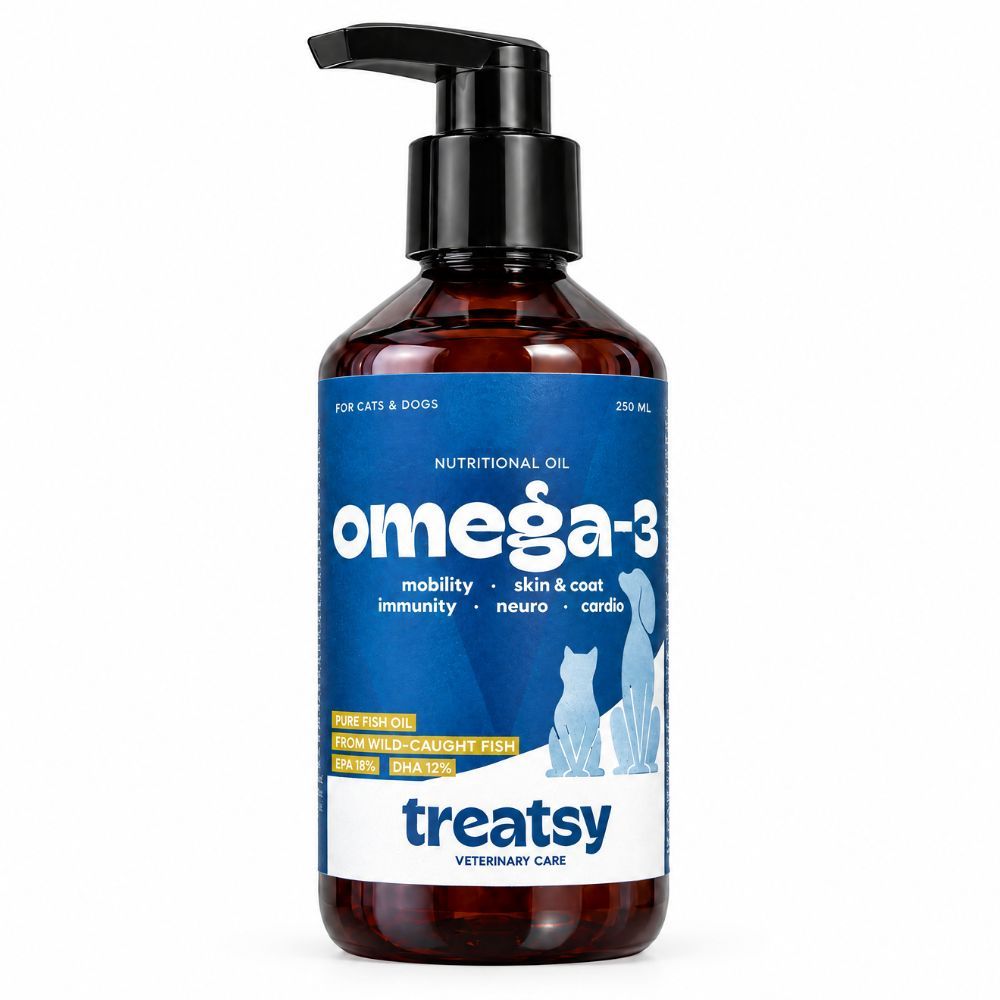 Braune Flasche mit Pumpspender, Treatsy Omega-3-Nahrungsergänzung für Katzen und Hunde, 250 ml.