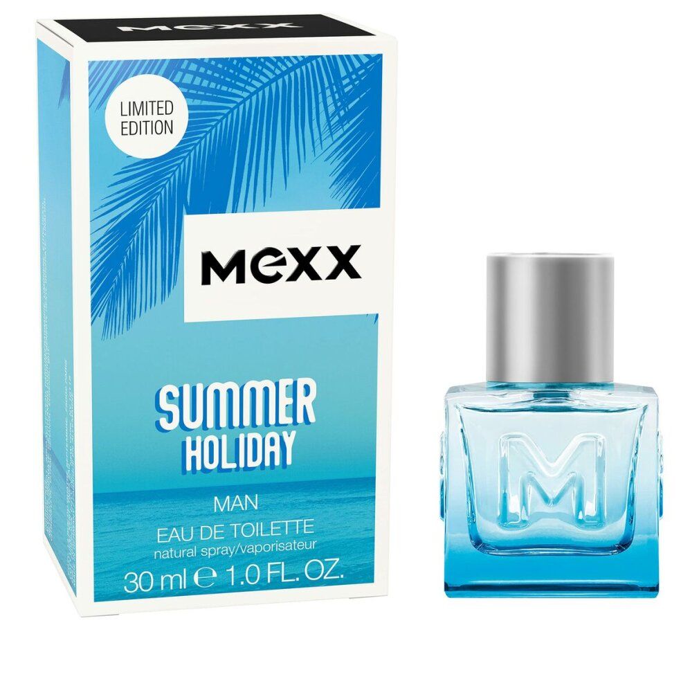 Mexx Sommerurlaub Mann Eau de Toilette. Flakon und Verpackung. Hellblauer Flakon mit silbernem Verschluss. Verpackung mit Palmenmotiv.