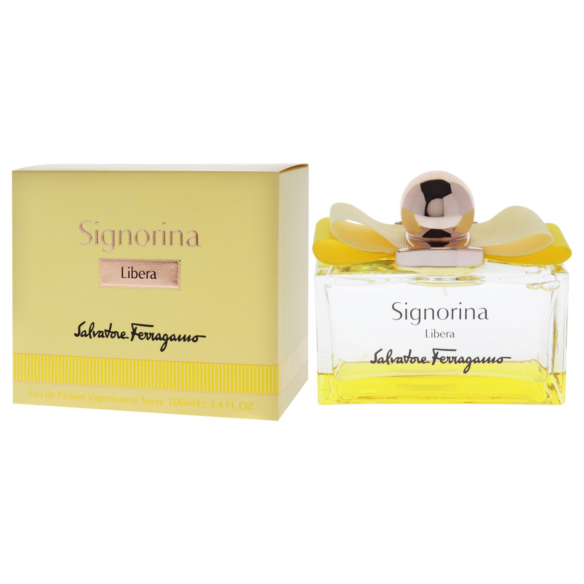 Salvatore Ferragamo Libera Flakon und Verpackung. Rechteckiger Flakon mit gelber Flüssigkeit. Gelbe Verpackung mit Produktnamen.