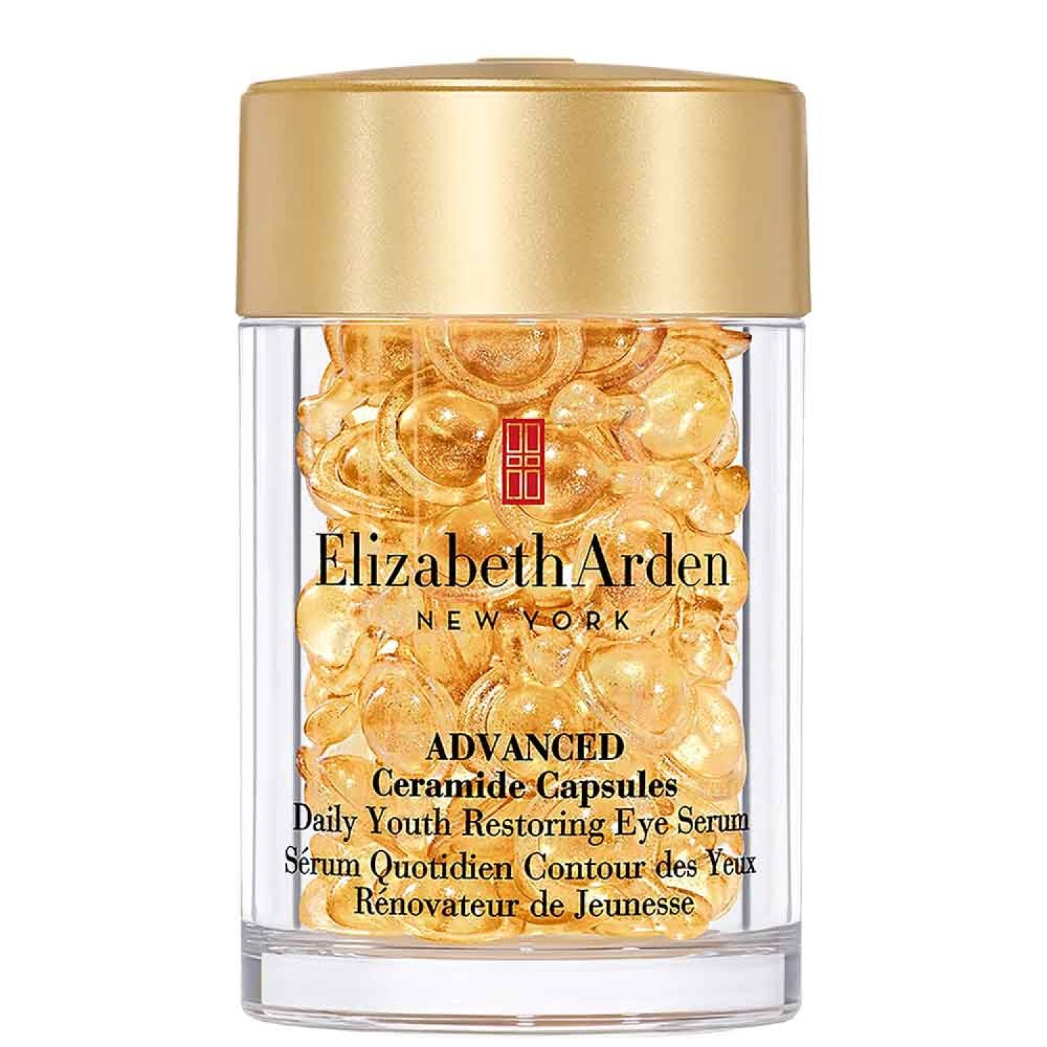 Behälter mit gelben Kapseln. Aufschrift: Elizabeth Arden, Advanced Ceramide Capsules, Daily Youth Eye Serum.