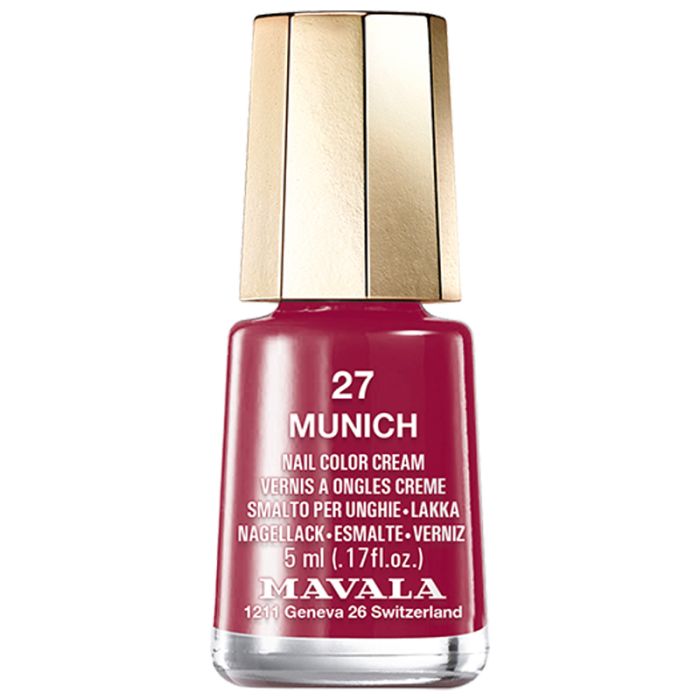 Nagellackflasche, rot. Goldfarbener Deckel. Aufschrift: 27 Munich, Nail Color Cream, 5 ml, Mavala.