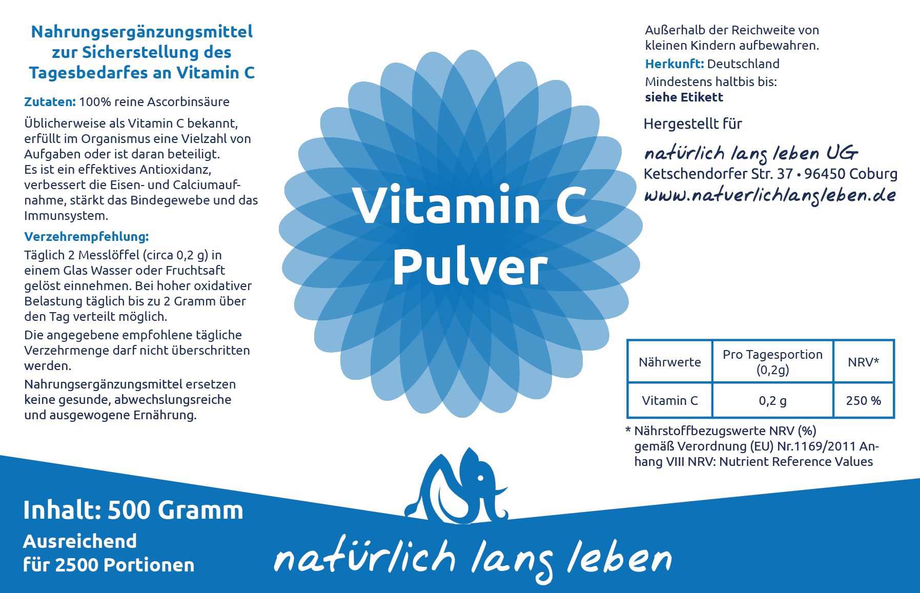 natürlich lang leben Vitamin C / Ascorbinsäure 500 g Pulver