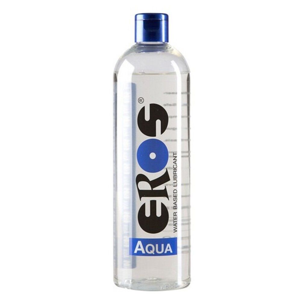 Klare Flasche mit blauem Deckel. Aufschrift: EROS, AQUA, Water Based Lubricant.