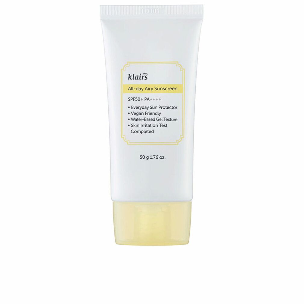 Weiße Tube mit gelbem Deckel. Aufschrift: klairs All-day Airy Sunscreen SPF50+ PA++++. 50 g 1.76 oz.