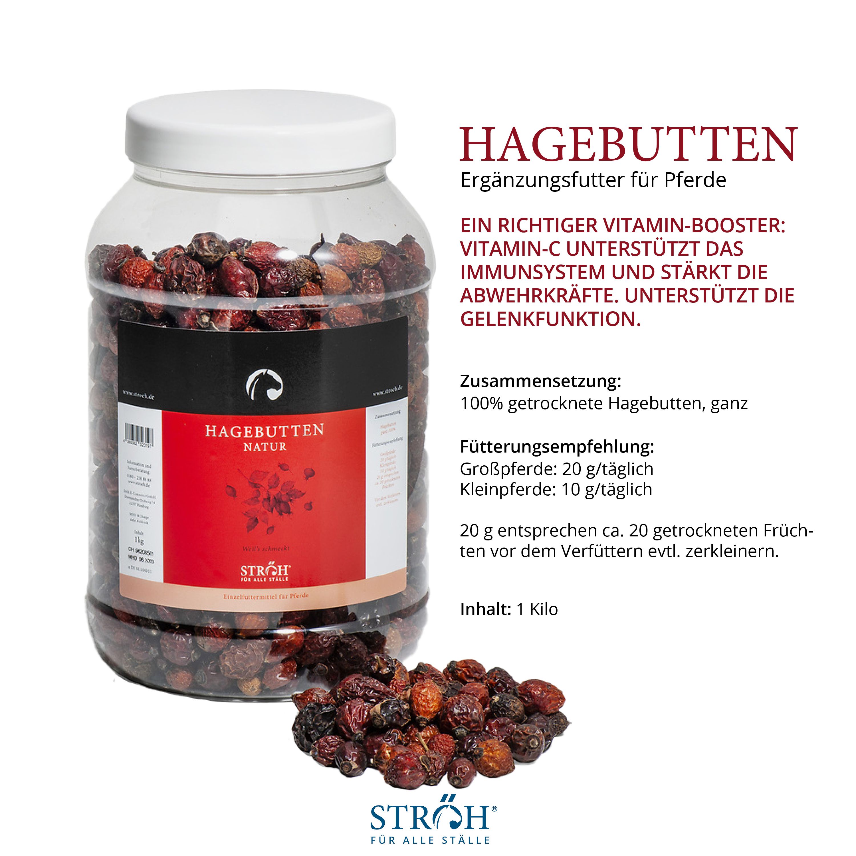 Glas mit Hagebutten, daneben Text: Ergänzungsfutter für Pferde. Text über Vitamin C und Gelenkfunktion. Inhalt: 1 Kilo.