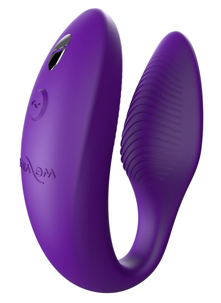 Lila Wellness-Produkt mit geschwungener Form. Geriffelte Oberfläche. Logo und Bedienelemente.