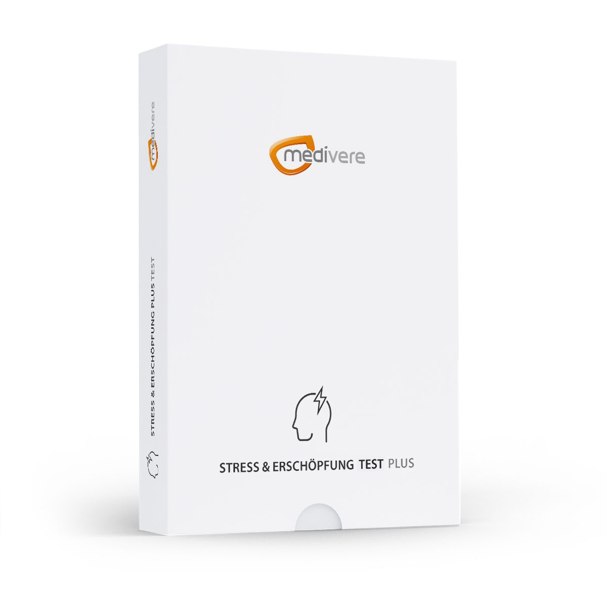 Weiße Box mit Logo und Schriftzug. Logo: orangefarbener Kreis mit Schriftzug. Schriftzug: STRESS & ERSCHÖPFUNG TEST PLUS.