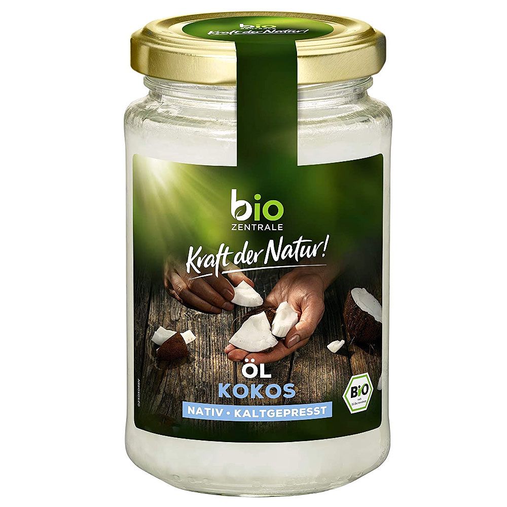 Glasbehälter mit Kokosöl. Aufschrift: Bio Zentrale, Kraft der Natur, Öl Kokos, nativ kaltgepresst. Bio-Siegel.