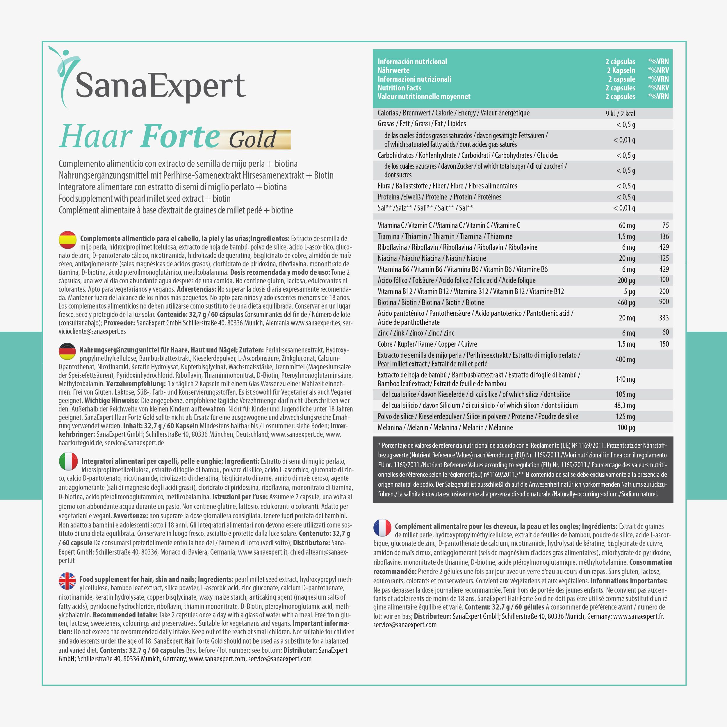 Detailansicht der SanaExpert Haar Forte Gold Inhaltsstoffe und Nährwerte.