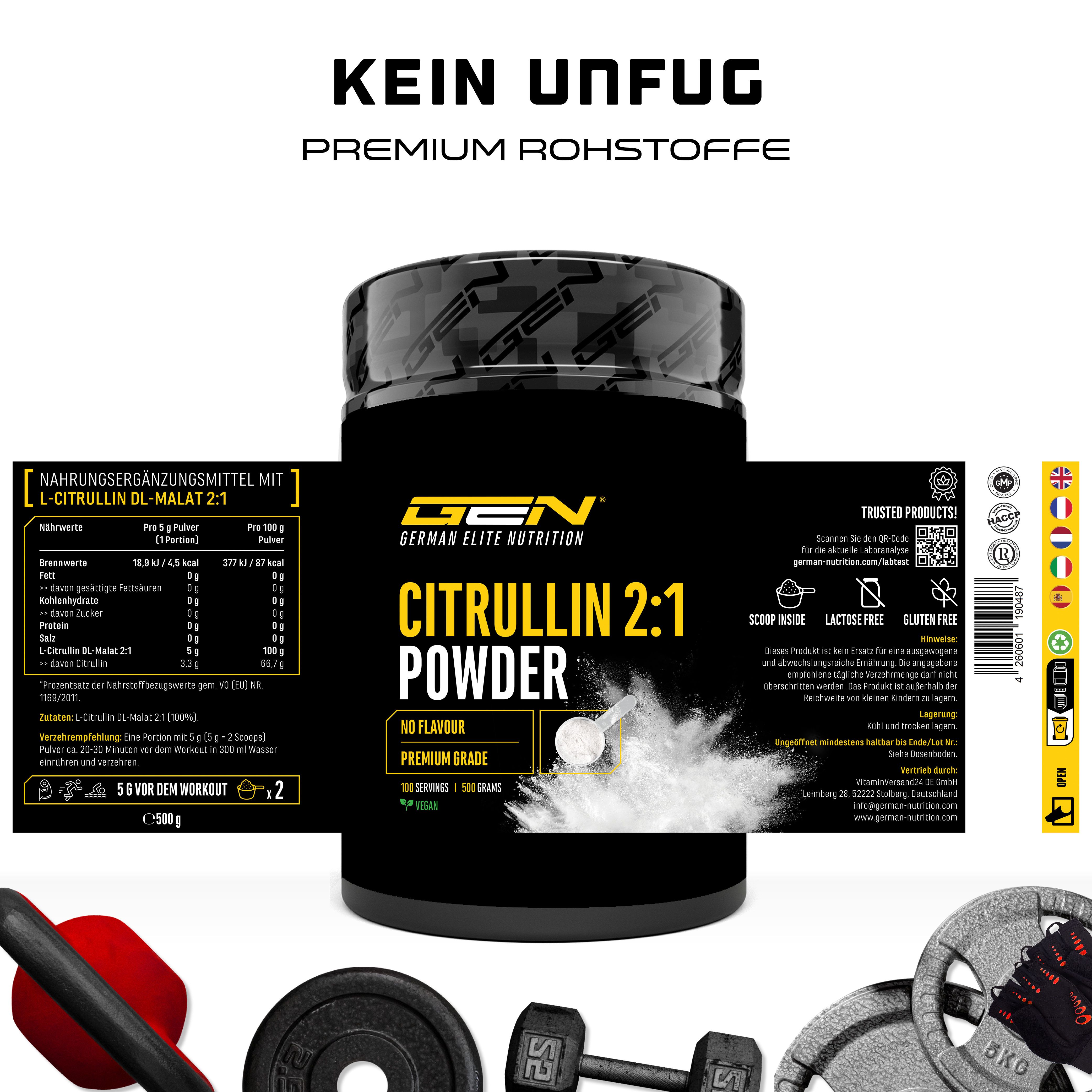 Schwarze Dose GEN Citrullin 2:1 Powder. Enthält Informationen zu Inhaltsstoffen und Nährwerten. Mit Löffel und Gewichten.