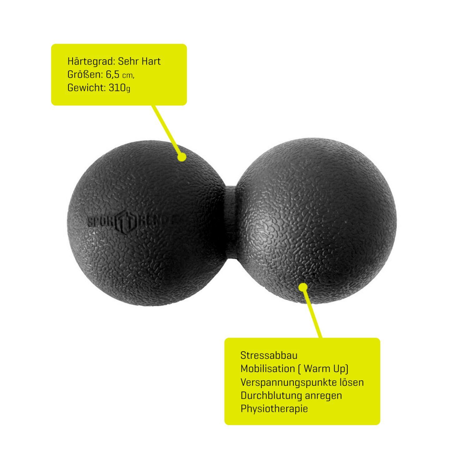 Schwarzer Duo-Faszienball mit Text. Textfelder mit Informationen.