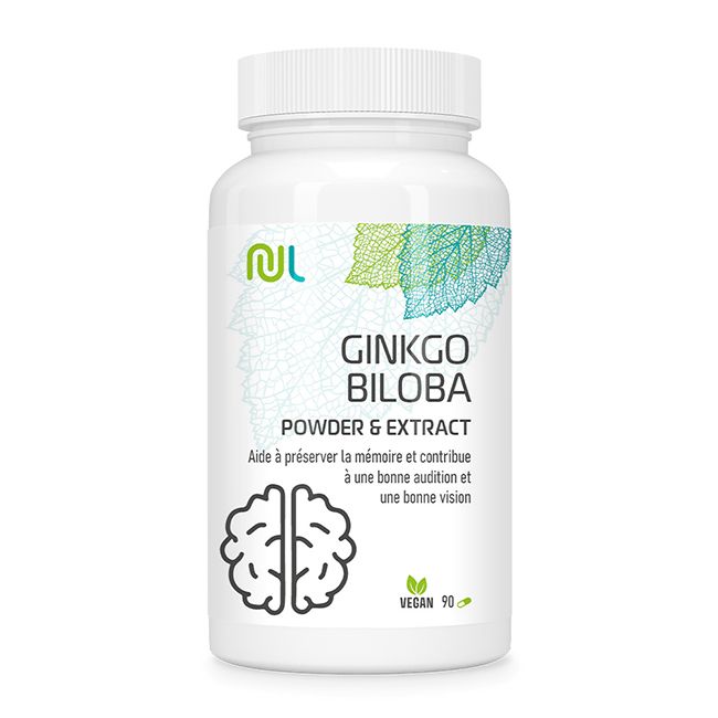 Weiße Flasche mit Ginkgo Biloba-Kapseln. Aufschrift: Ginkgo Biloba, Powder & Extract. Vegan-Siegel und 90 Kapseln.
