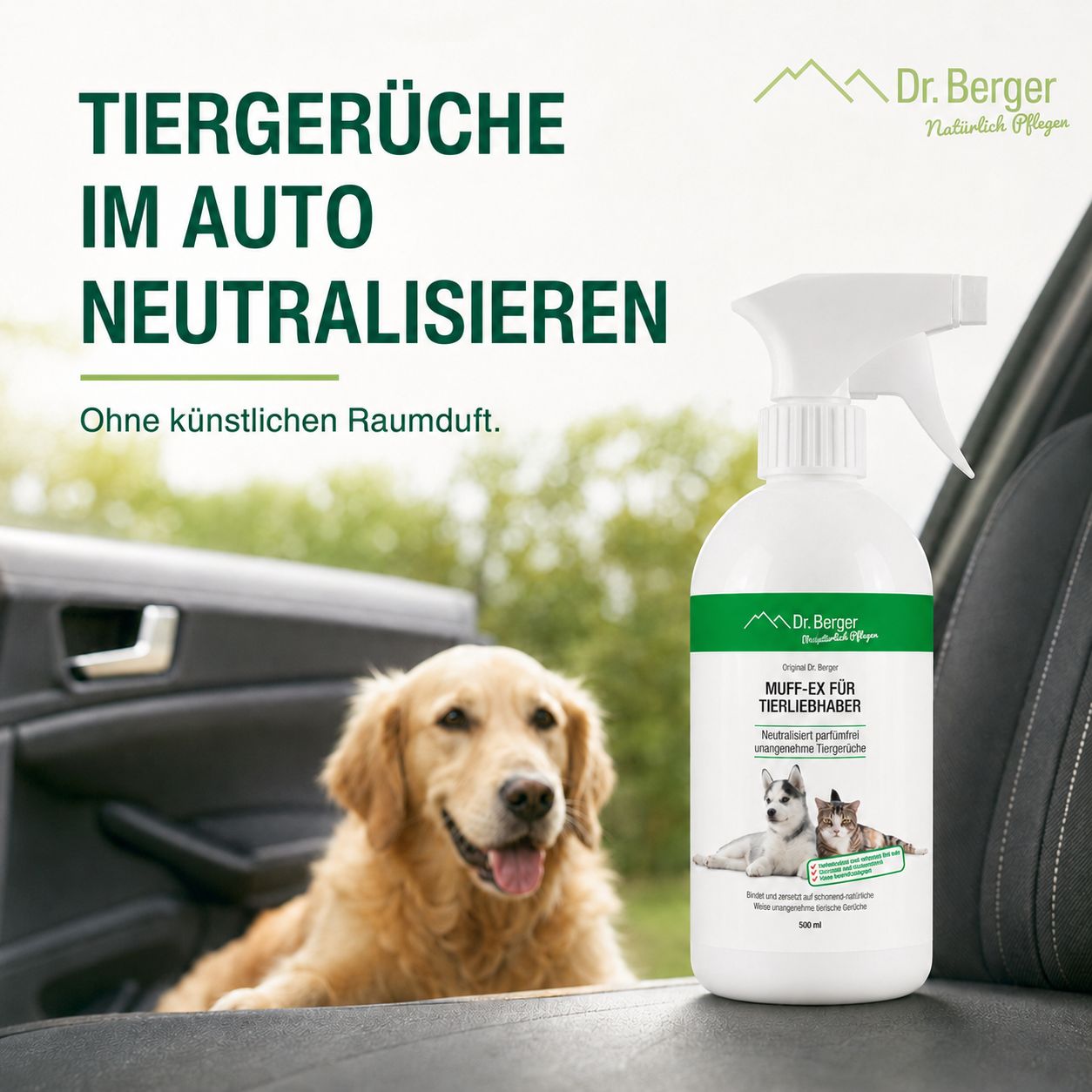 Sprühflasche neben einem Hund im Auto.