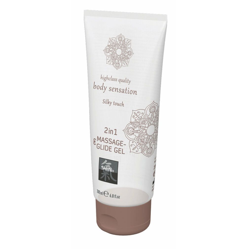 Tube mit Massage- & Gleitgel. Text: body sensation, Silky touch, 2in1 Massage-Glide Gel. Brauner Verschluss.