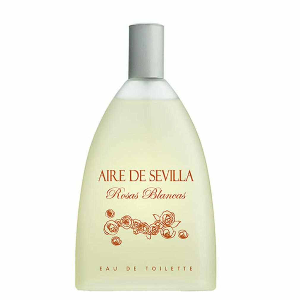 Parfümflasche. Aufschrift: Aire de Sevilla Rosas Blancas Eau de Toilette. Flasche mit silbernem Verschluss, rosafarbenen Blüten.