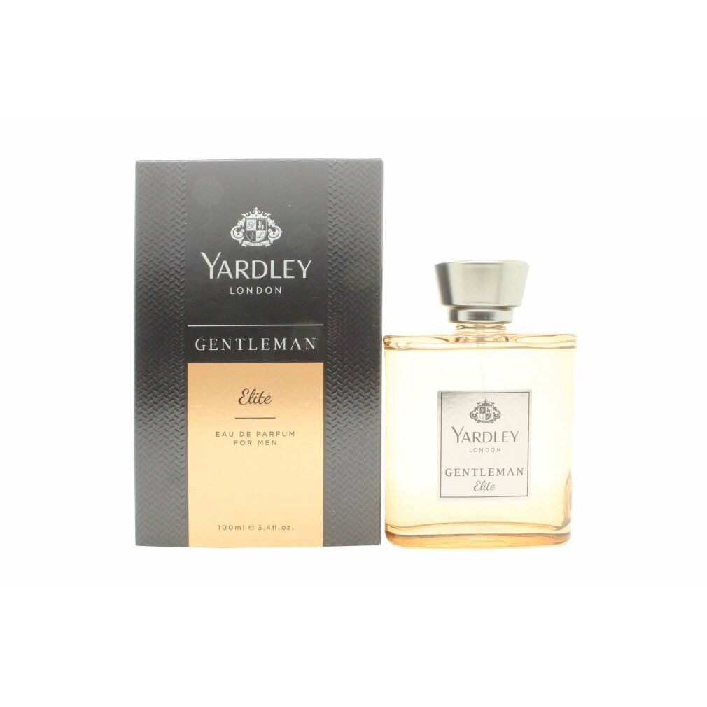 Flakon und Schachtel von Yardley Gentleman Elite. Rechteckiger Flakon mit silbernem Verschluss. Schwarze Schachtel mit goldfarbenem Text.