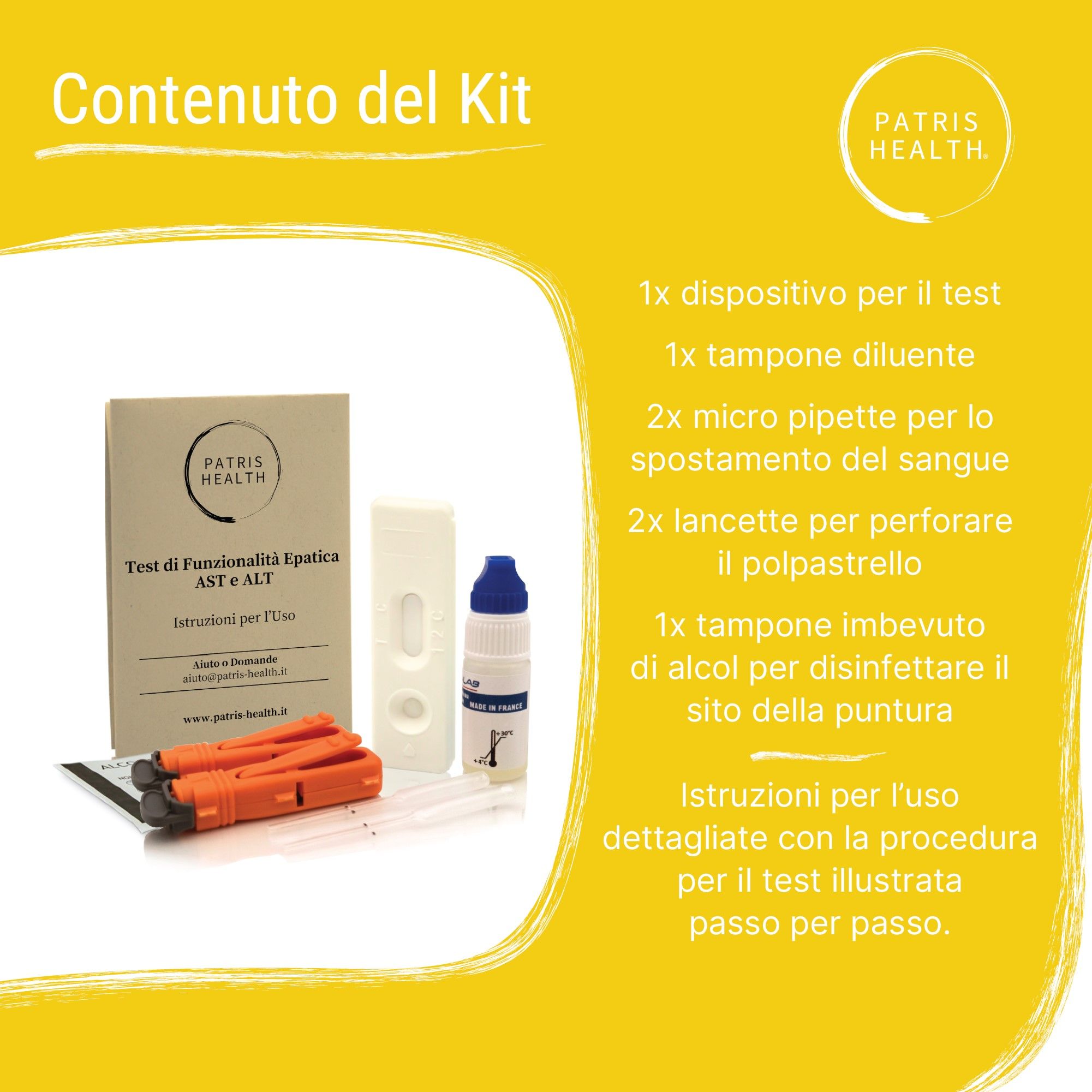 Contenuto del kit: test, tampone diluente, micropipette, lancette, tampone alcolico, istruzioni. Patris Health®.