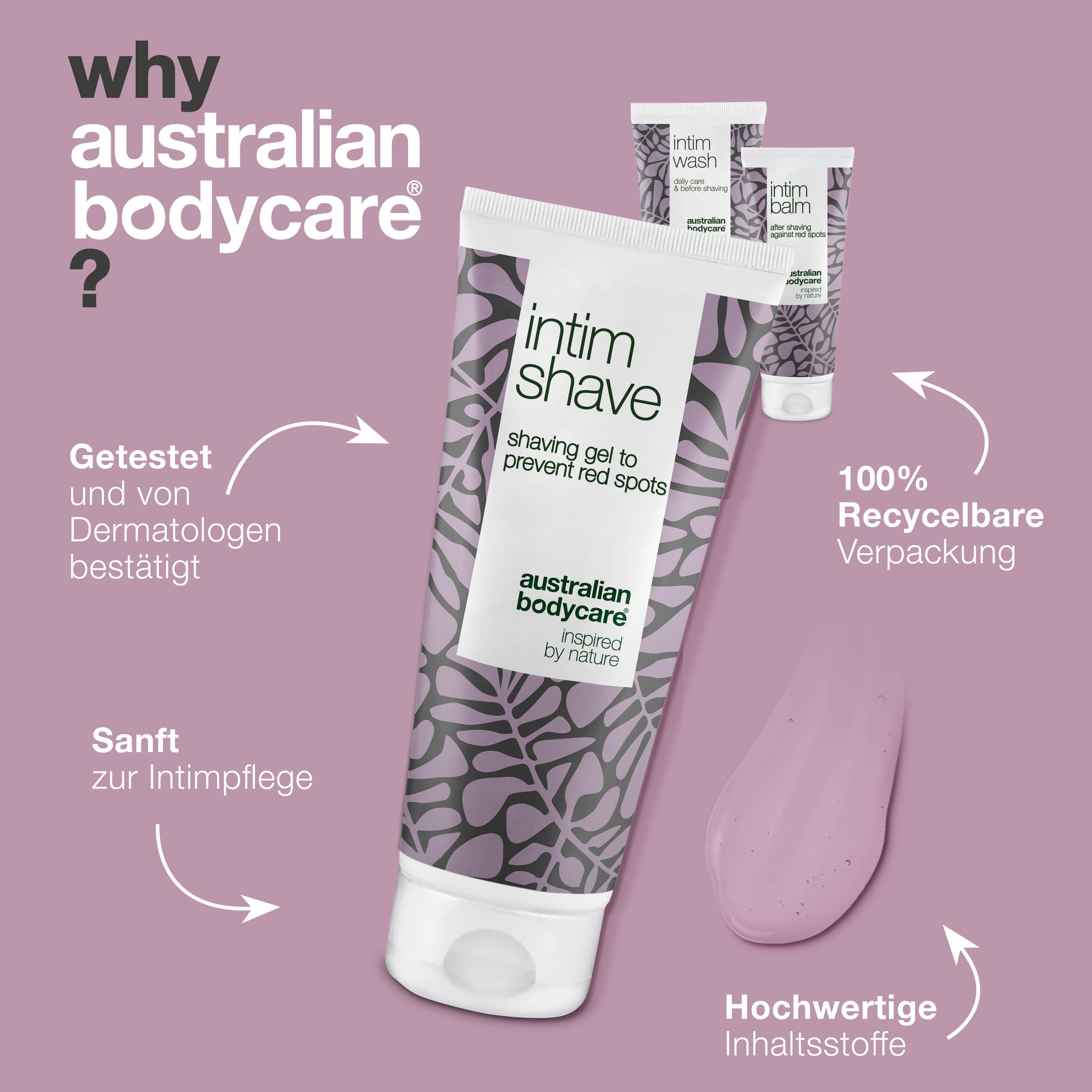 Drei Tuben Australian Bodycare Intimrasur-Set mit Text und Illustrationen. Auf hellem Hintergrund.