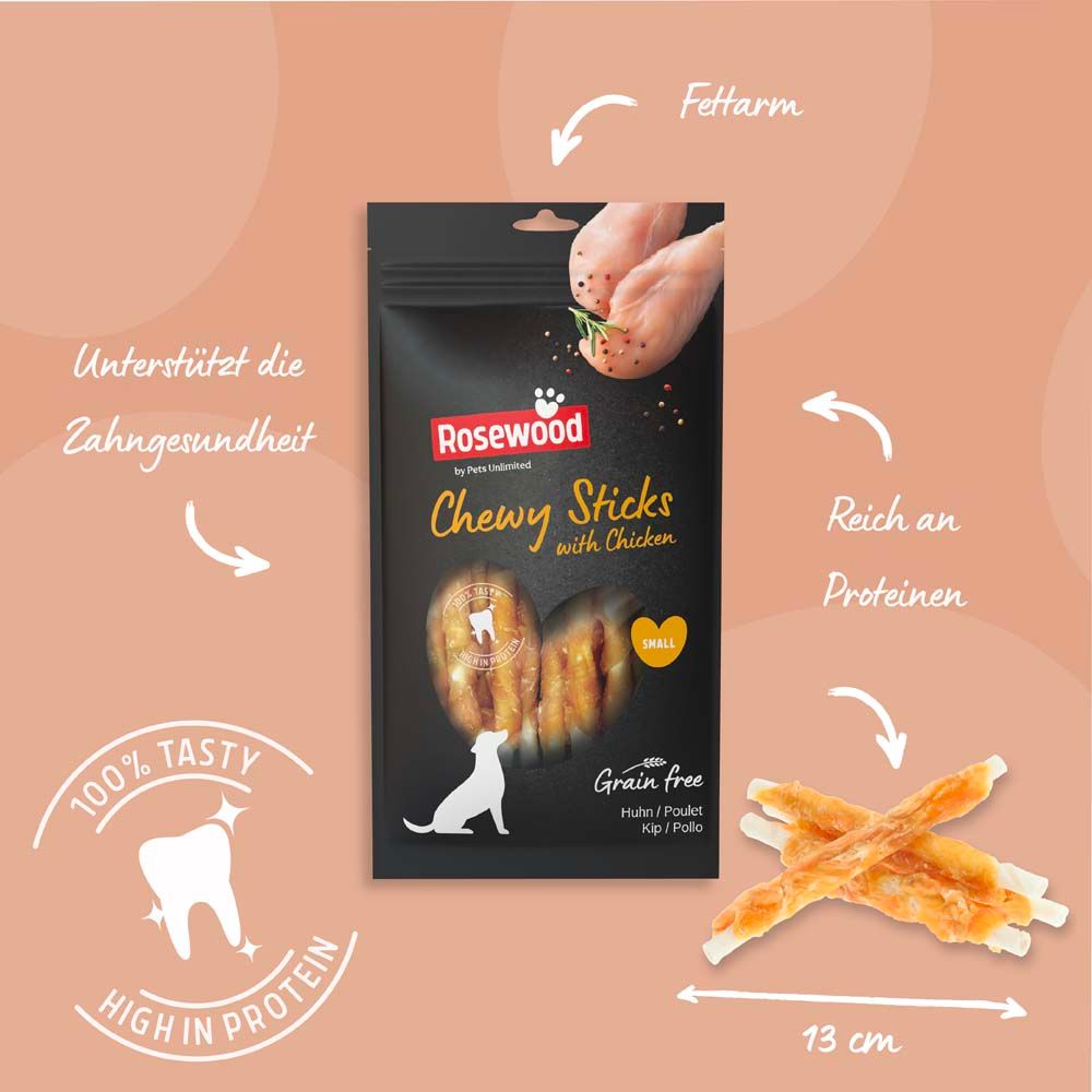 Verpackung Rosewood Chewy Sticks. Text: Unterstützt die Zahngesundheit, reich an Proteinen, fettarm. 13 cm.