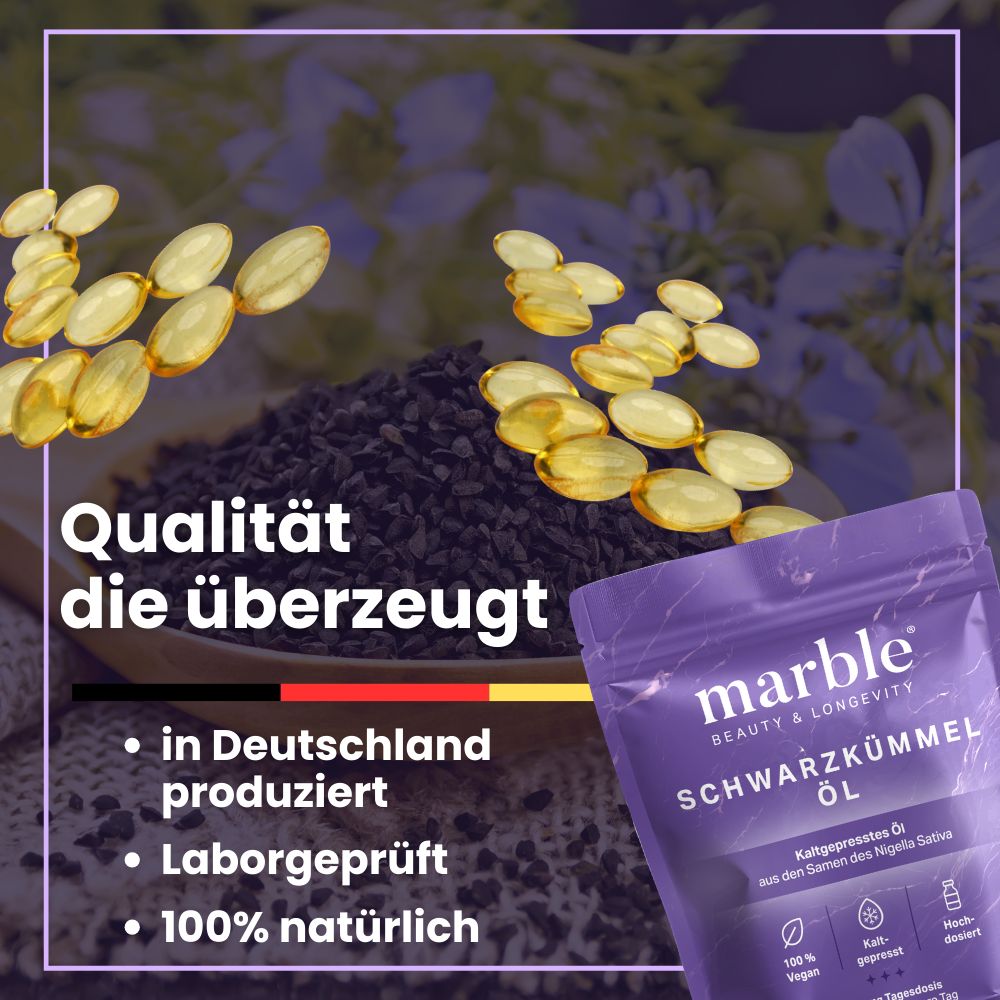 Softgels und Schwarzkümmelsamen. Text: Qualität überzeugt, in Deutschland produziert, laborgeprüft, 100% natürlich. Produktverpackung im Hintergrund.