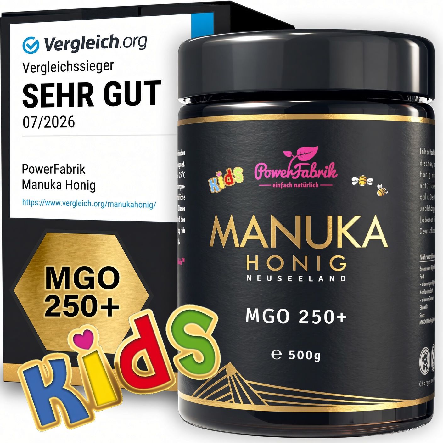 PowerFabrik Manuka Honig für Kinder, MGO 250+. Glas mit 500g. Aus Neuseeland. Siegel: Vergleich.org SEHR GUT.