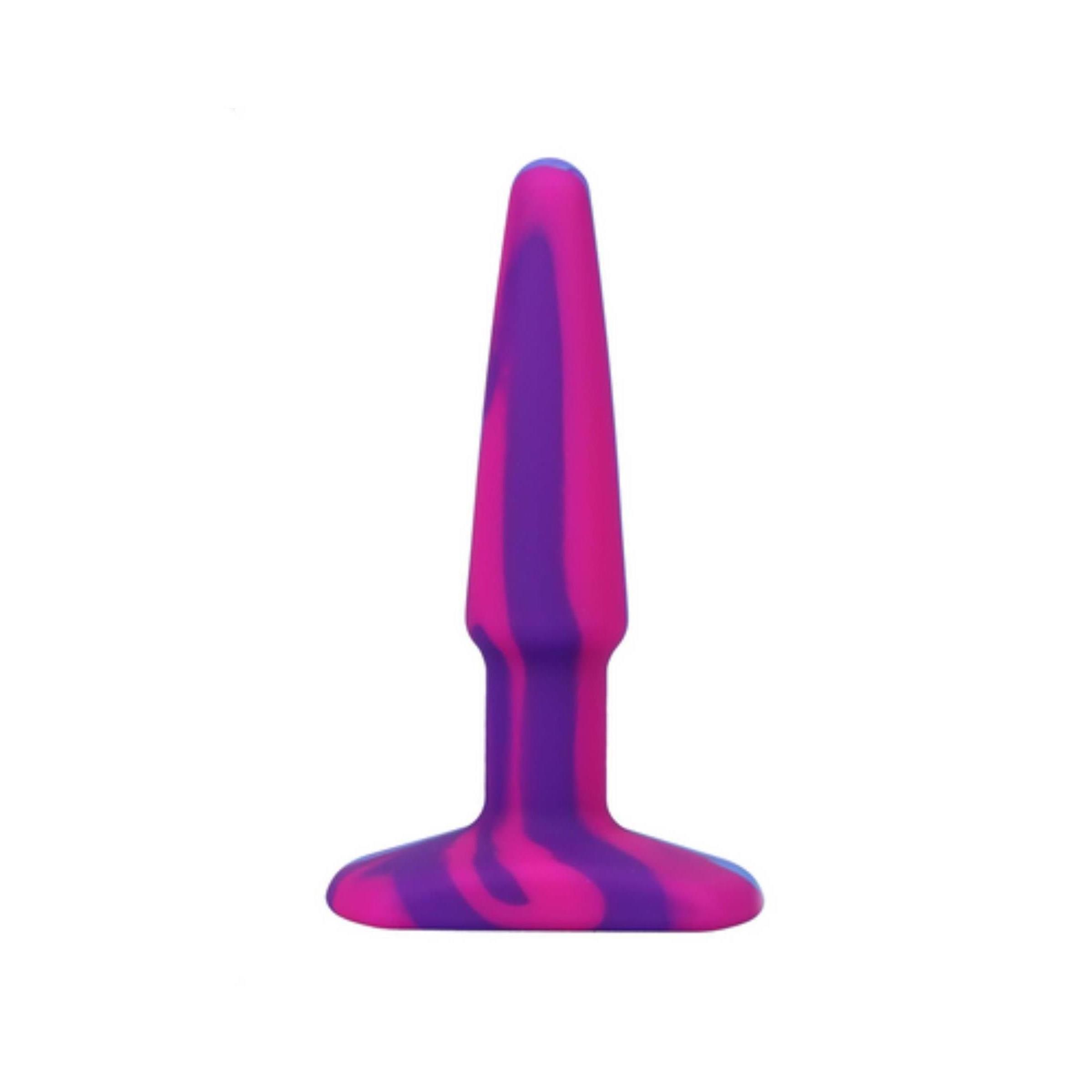 Analplug aus Silikon. Farben: Lila und Pink. Form: konisch mit breiter Basis. Material: Silikon.