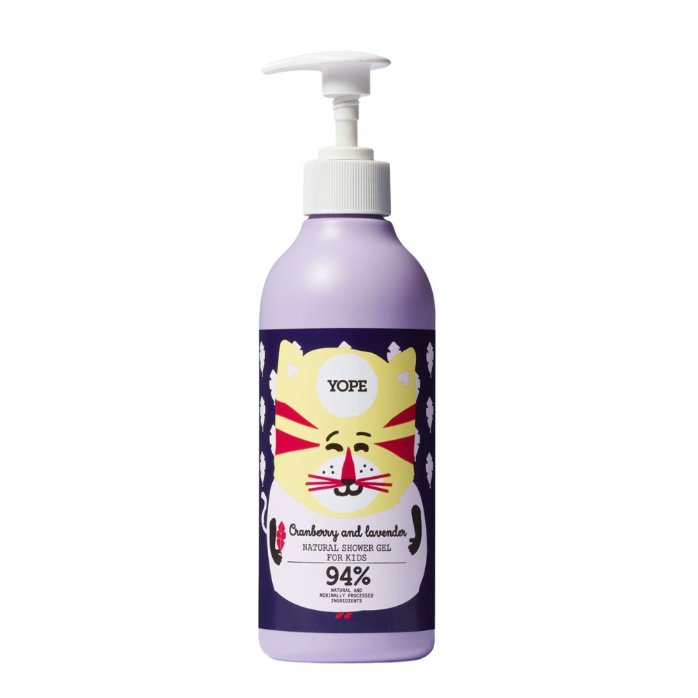 Lila Flasche mit Spender. Aufkleber mit gelbem Tiger-Design und Schriftzug "YOPE". Text: Cranberry and lavender, Natural Shower Gel for KIDS.