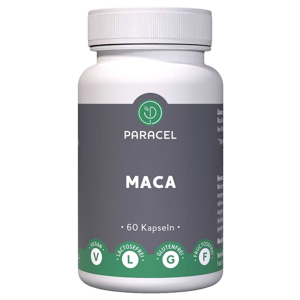 Weiße Flasche mit Kapseln. Aufschrift: Paracel Maca, 60 Kapseln. Vegan, laktosefrei, glutenfrei, fruktosefrei.