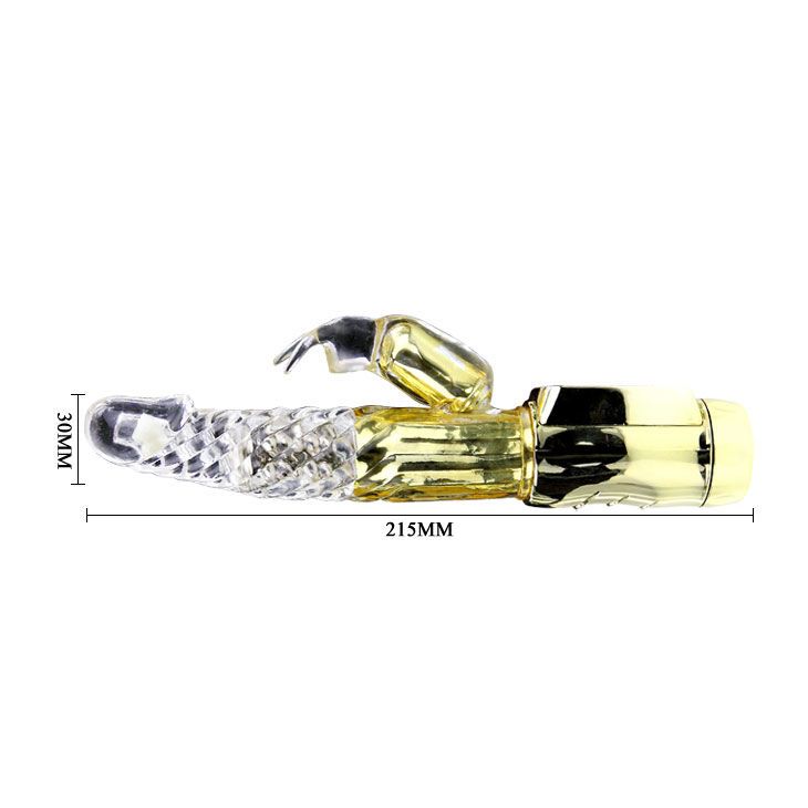 Goldfarbener Vibrator mit transparentem Kopf und Hasenohren. Maße: 215mm lang, 30mm breit. Auf weißem Hintergrund.