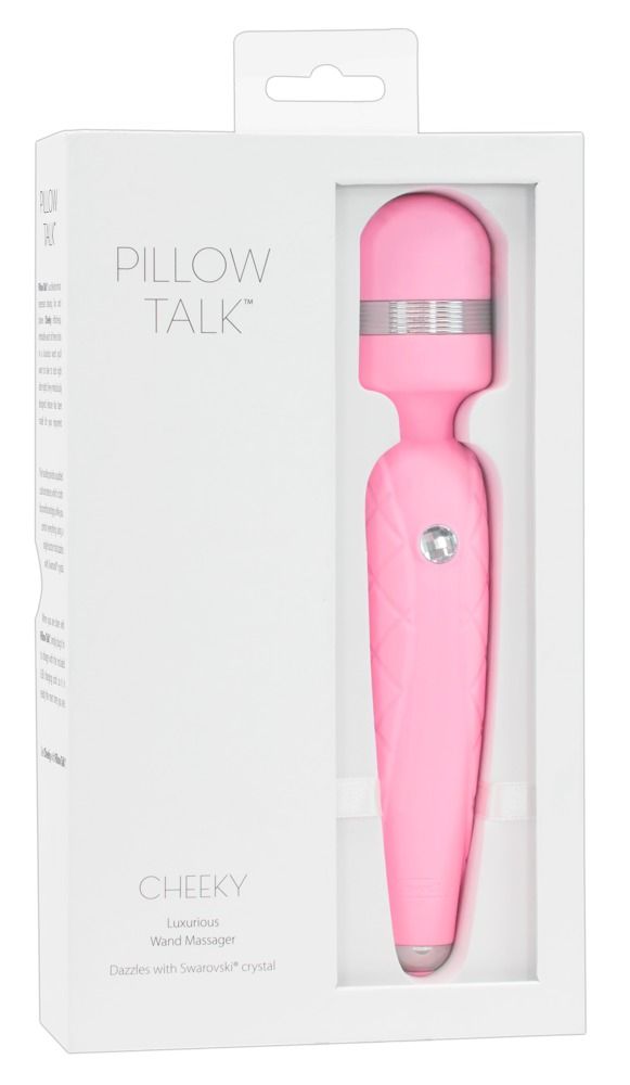 Verpackung mit pinkfarbenem Massage-Vibrator. Produktname und Marke Pillow Talk Cheeky sind sichtbar.