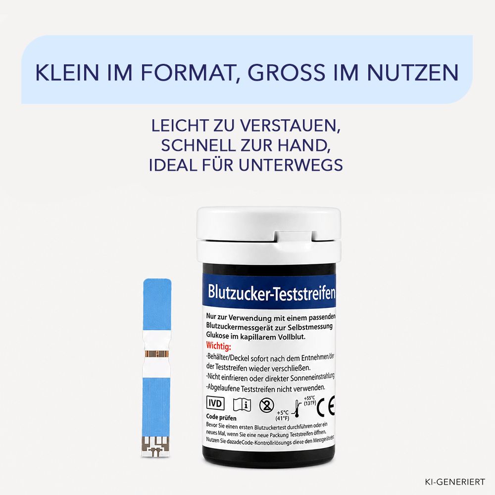Blutzucker-Teststreifen-Spenderbehälter und ein einzelner Teststreifen.