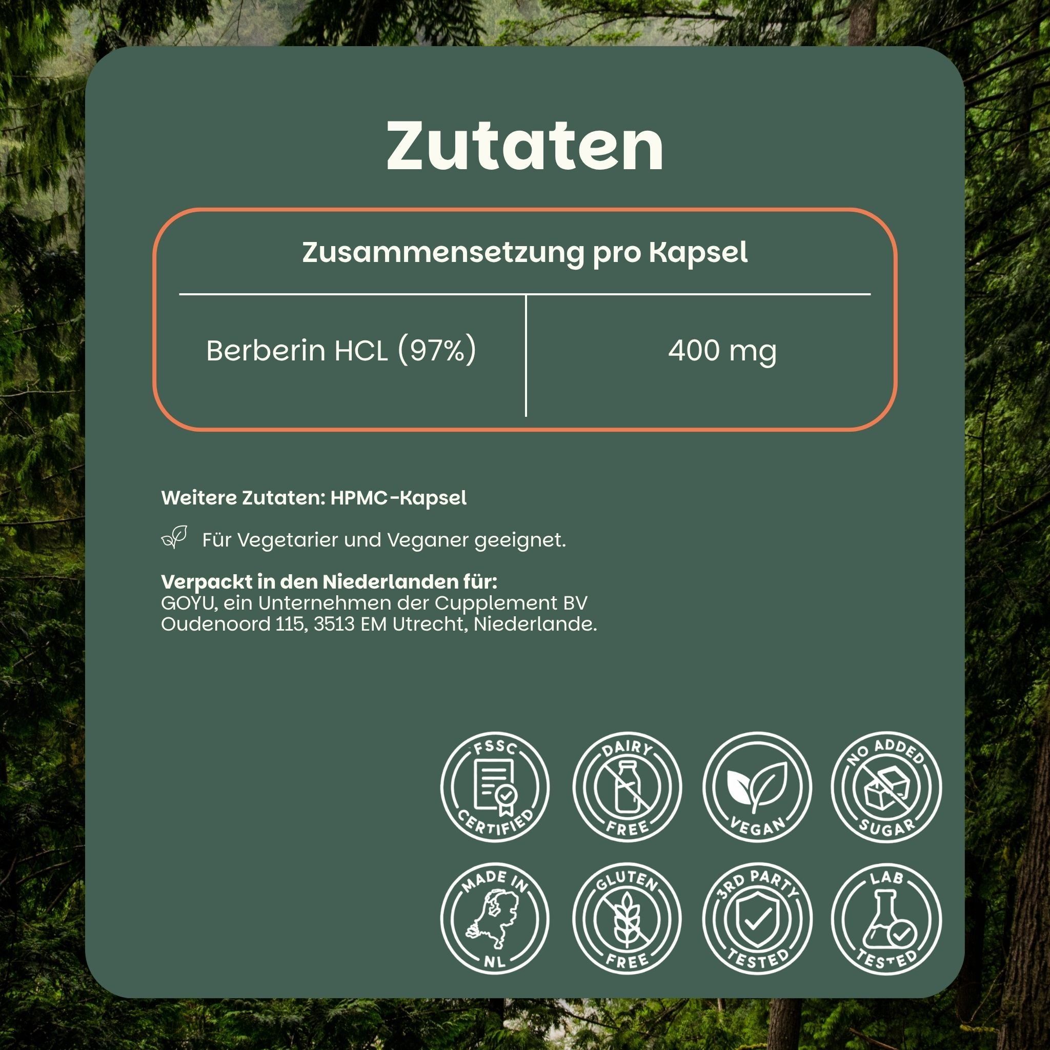 Zutatenübersicht für Berberin HCL Kapseln: 400 mg Berberin HCL (97%) pro Kapsel. Enthält HPMC-Kapsel.