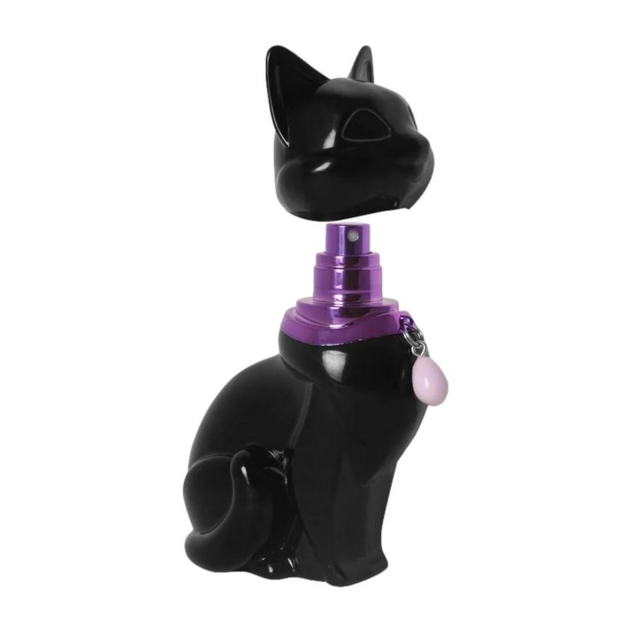 Schwarze Katzenflasche, Kopf abgenommen. Lila Zerstäuber, rosa Anhänger. Parfümflasche.