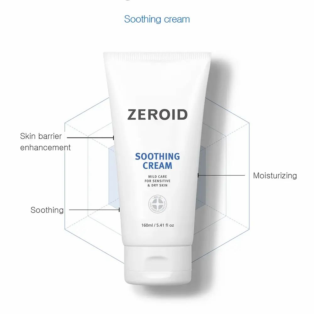 Weiße Tube ZEROID Soothing Cream mit blauer Schrift. Text: Mild Care for Sensitive & Dry Skin. 160ml/5.41 fl oz.