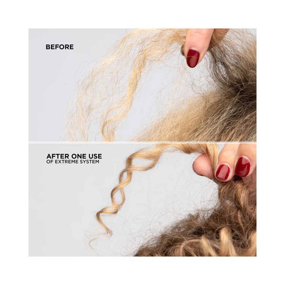 Vergleich von Haarsträhnen vor und nach der Anwendung. Links: trockenes Haar. Rechts: gelocktes Haar.