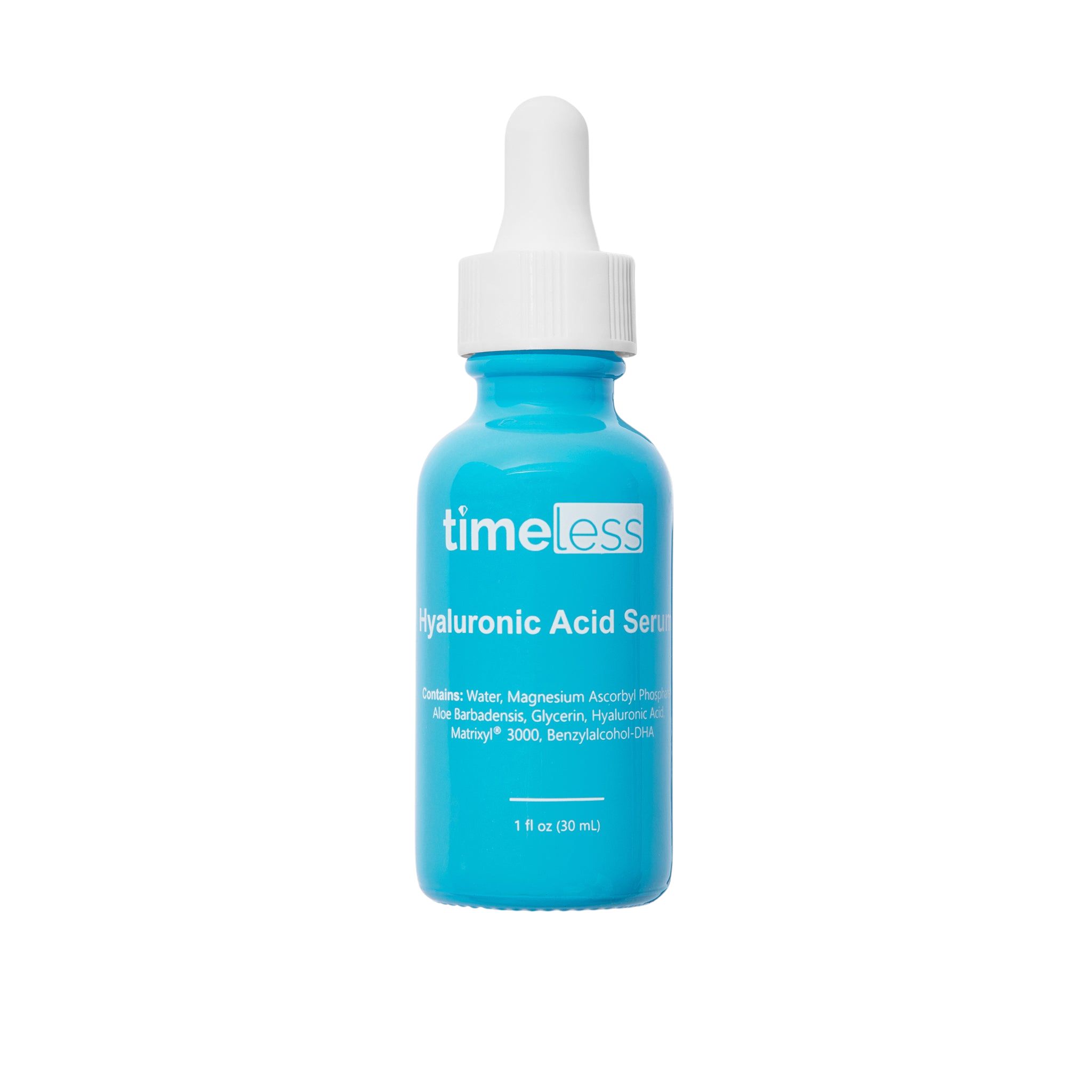 Türkisblaue Flasche mit weißem Deckel und Pipette. Aufschrift: Timeless Hyaluronsäure Serum. 1 fl oz (30 ml).