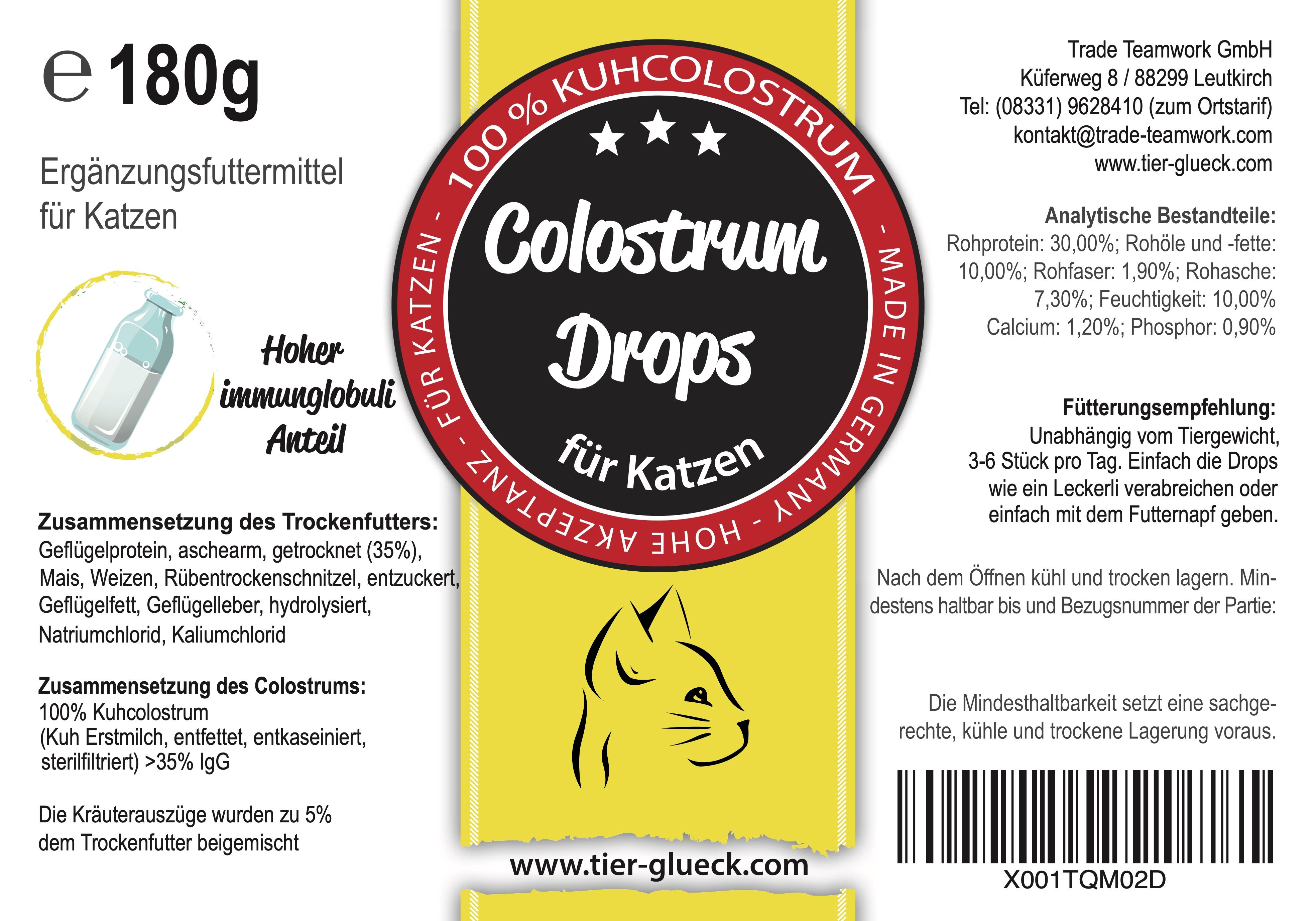 Gelbes Etikett mit rotem Kreis. Colostrum Drops für Katzen, 180g. Text: 100% Kuhcolostrum, hoher Immunglobulin-Anteil. Katze-Silhouette.