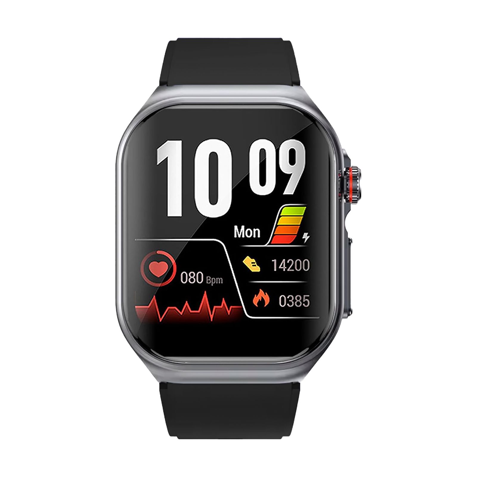 Smartwatch mit schwarzem Armband. Anzeige mit Uhrzeit, Herzfrequenz, Aktivitätsdaten. Silberfarbenes Gehäuse, roter Knopf.