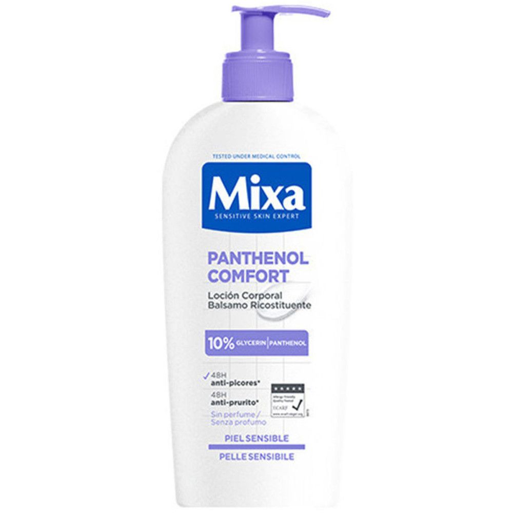 Weiße Flasche mit lila Pumpverschluss. Aufschrift: Mixa, Panthenol Comfort, 10% Glycerin, Panthenol. Für empfindliche Haut.